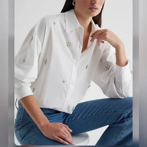 Express Jewel Poplin Blue Top - Picture 2 of 6